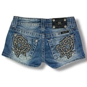 Miss Me Y2K Rose Rhinestone Low Rise Denim Cut Off Shorts 24 Med Wash Festival